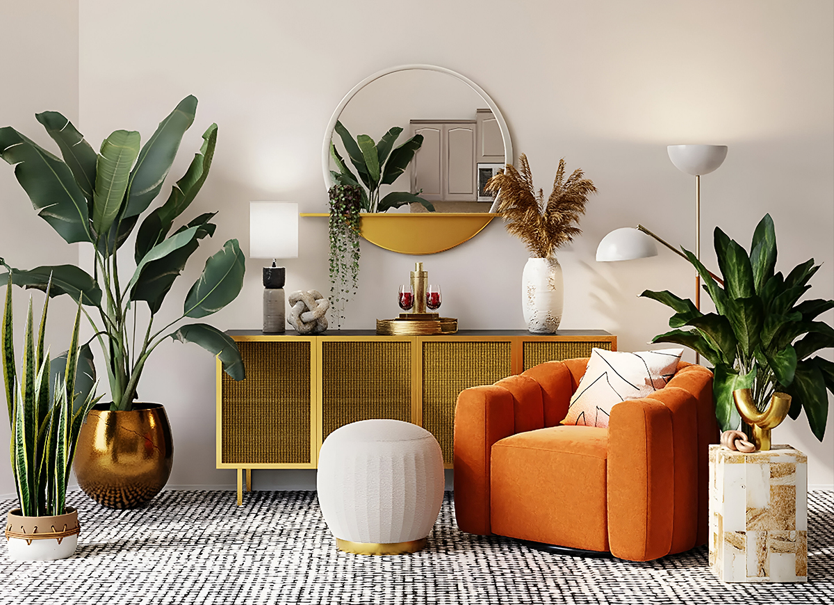 A living room with orange furniture and plants.