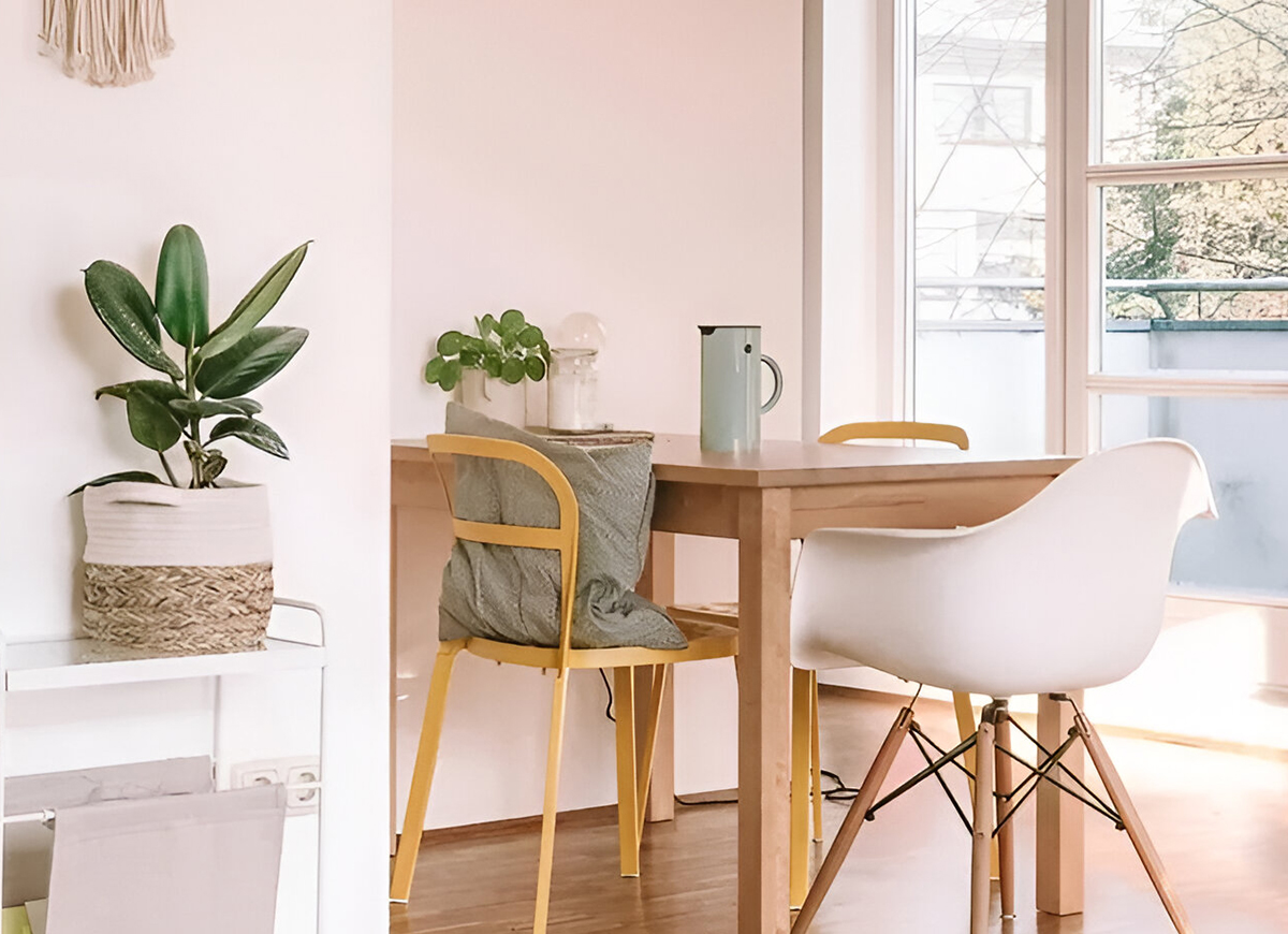 A dining room table with chairs and plants on the table.