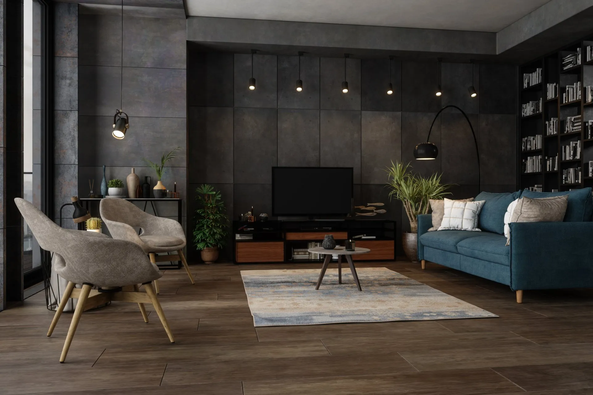 Dark paneled room with armchairs and rug